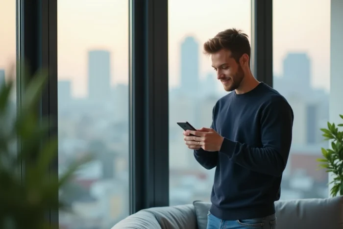 Homme vérifiant ses demandes d'abonnement Instagram sur smartphone depuis son appartement, astuces pour accepter rapidement un ami sur les réseaux sociaux