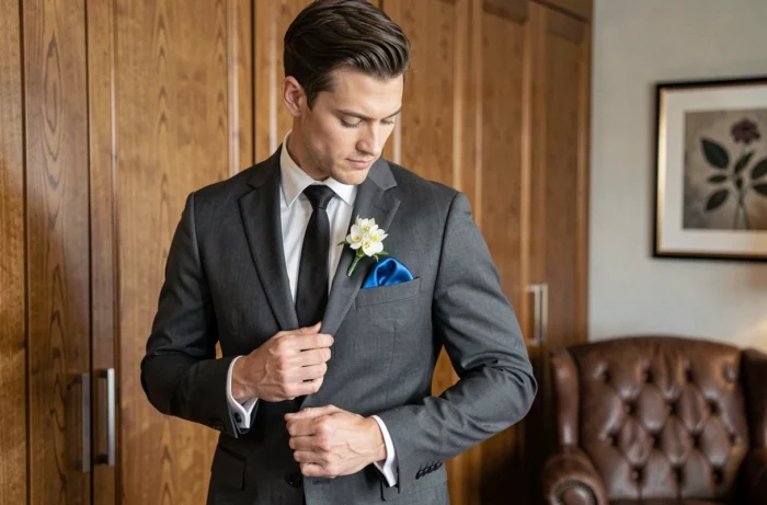 Marié en costume gris charbon ajustant sa pochette en soie avec boutonnière blanche dans une suite d'hôtel