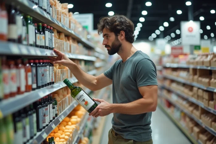 Homme choisissant une bouteille d'alcool 90 alimentaire en rayon dans un hypermarché type Leclerc