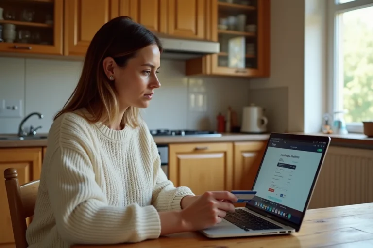 Femme achetant la vignette autoroute suisse en ligne depuis son domicile en France sur un ordinateur portable