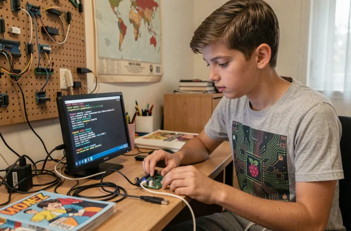 Adolescent passionné explorant un système d'exploitation libre sur un Raspberry Pi dans sa chambre, symbole de l'accessibilité du logiciel open source