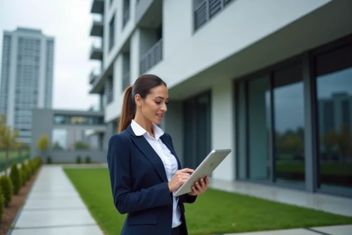 Agent immobilière devant un immeuble résidentiel moderne consultant une tablette