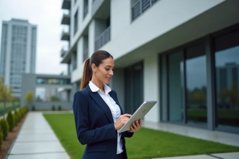 Agent immobilière devant un immeuble résidentiel moderne consultant une tablette