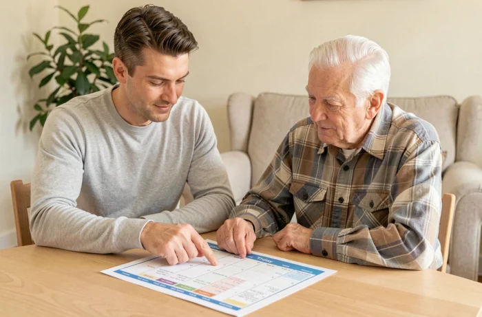 Aidant et personne âgée consultant ensemble un calendrier imprimable d'orientation temporelle