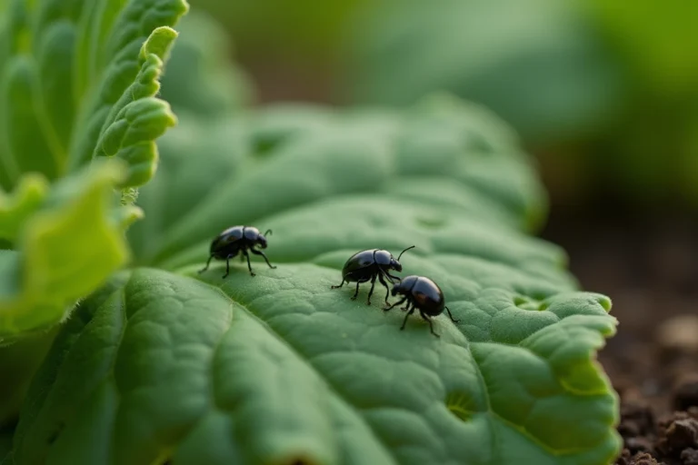 Gros plan de petites altises noires sur une feuille de chou avec des trous de morsures caractéristiques au potager