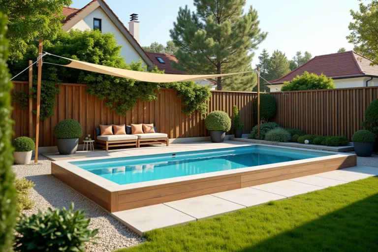 Vue d'ensemble d'une piscine hors sol bien aménagée avec bardage bois, plantes et voile d'ombrage dans un jardin résidentiel