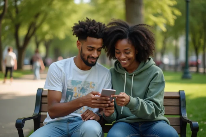Deux amis consultant Instagram ensemble dans un parc pour gérer les demandes d'abonnement, conseils pratiques pour accepter rapidement un ami sur Instagram