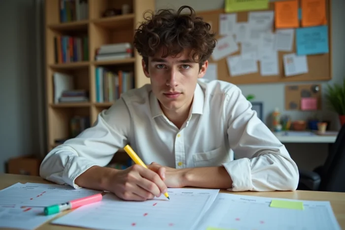 Jeune adulte analysant des documents imprimés sur la fiche classe 2026 dans sa chambre d'étudiant