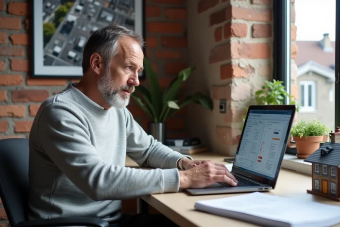 Investisseur immobilier analysant la rentabilité locative sur ordinateur dans un bureau à domicile avec vue sur les toits de Rennes