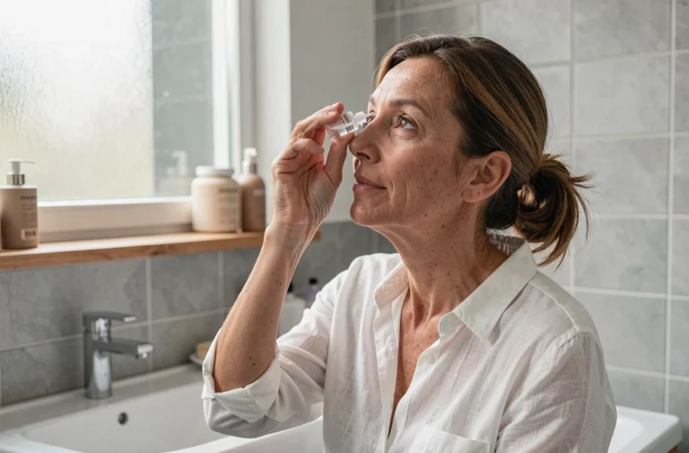 Femme appliquant des gouttes oculaires Sterdex dans sa salle de bain, tête inclinée en arrière et paupière inférieure abaissée pour une instillation correcte
