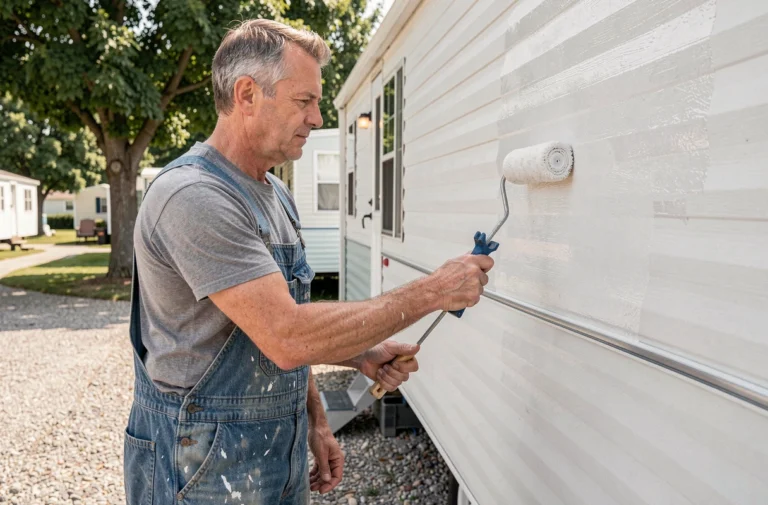 Homme en salopette appliquant une peinture extérieure sur le panneau latéral d'un mobil home avec un rouleau, dans un parc résidentiel