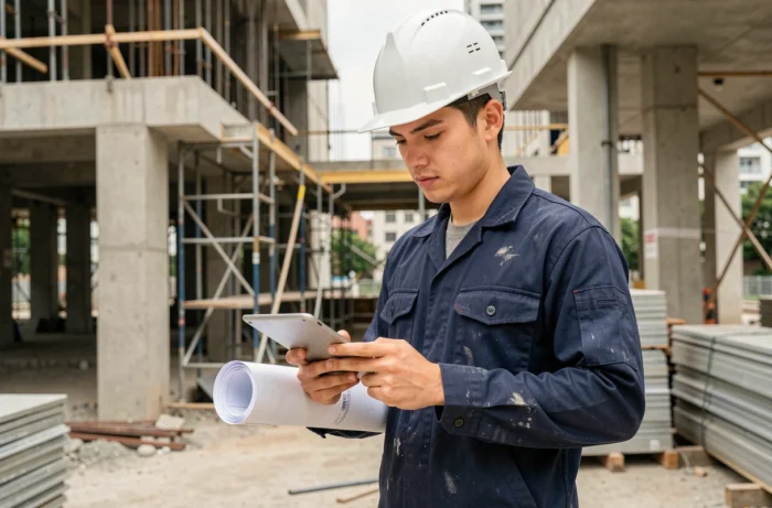 Jeune apprenti en alternance dans le bâtiment consultant des plans sur tablette sur un chantier de construction