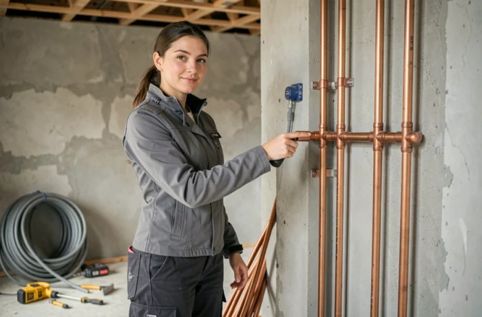 Apprentie en alternance plomberie montrant une installation de plomberie cuivre dans un chantier de rénovation résidentielle