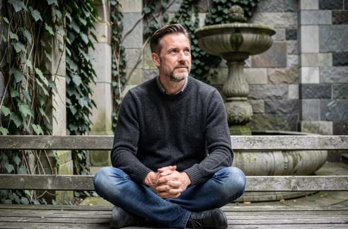 Artiste lyrique pensif assis dans une cour intérieure parisienne pavée, posture apaisée évoquant l'équilibre entre carrière musicale et vie intérieure