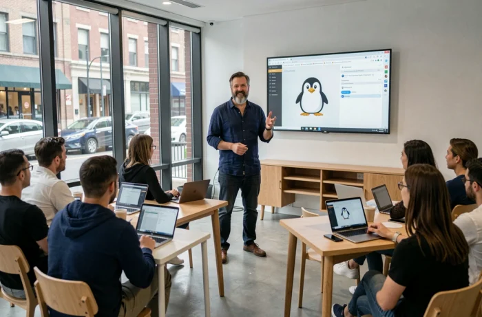 Animateur présentant un atelier sur les logiciels libres à un groupe de participants dans un espace de co-working moderne