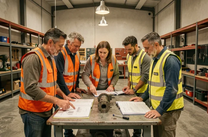 Atelier pratique de formation professionnelle en entreprise industrielle, groupe de salariés autour d'un établi technique