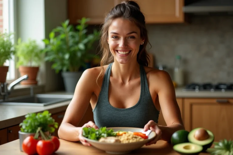 Athlète féminine préparant un repas équilibré après l'entraînement avec légumes frais, poulet grillé et quinoa dans une cuisine moderne