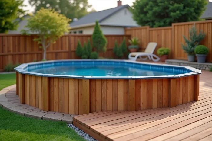 Piscine hors sol habillée de lames de bardage en bois composite sur ses parois extérieures dans un jardin résidentiel