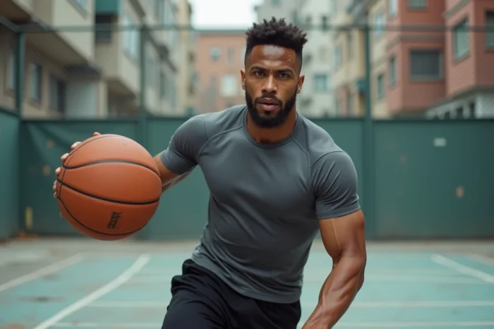 Homme musclé jouant au basketball sur un terrain urbain en béton, dribble dynamique avec expression concentrée en milieu de ville