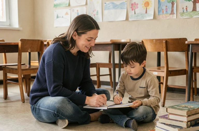 Bénévole adulte aidant un jeune élève défavorisé à faire ses devoirs dans une salle de classe communautaire