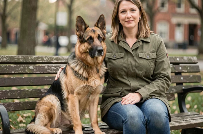 Femme et son chien berger allemand croisé beauceron assis ensemble sur un banc de parc, illustrant le lien affectif et le caractère fidèle de ce croisé