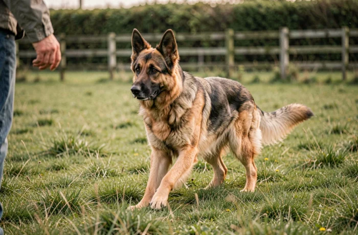 Berger allemand croisé beauceron en séance d'éducation canine en plein air, démontrant son caractère obéissant et son intelligence naturelle
