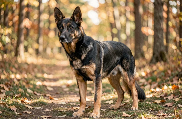 Berger allemand croisé beauceron adulte debout en forêt, regardant au loin avec une expression alerte et confiante