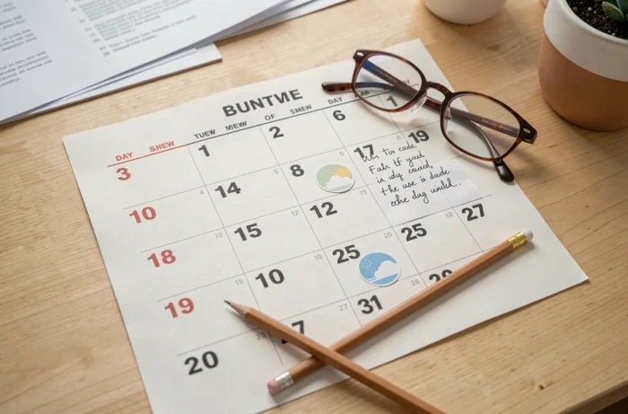 Calendrier grand format imprimable pour personnes âgées avec repères visuels et notes manuscrites