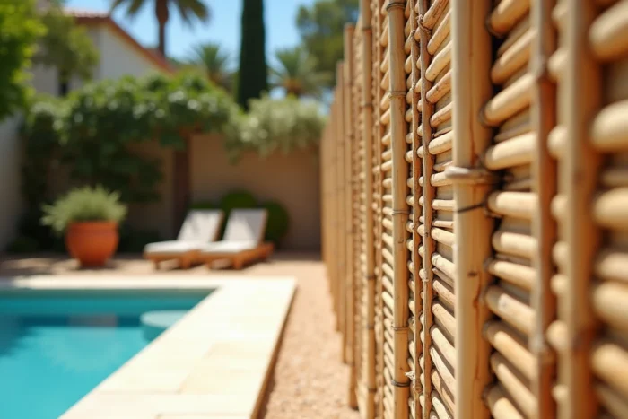 Canisse naturelle en bambou ou osier fixée sur le pourtour d'une piscine hors sol dans un jardin méditerranéen