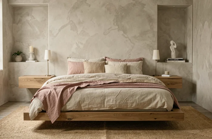 Chambre principale moderne avec lit plateforme en lin, murs en stuc chaulé et décoration épurée aux tons crème et rose poudré
