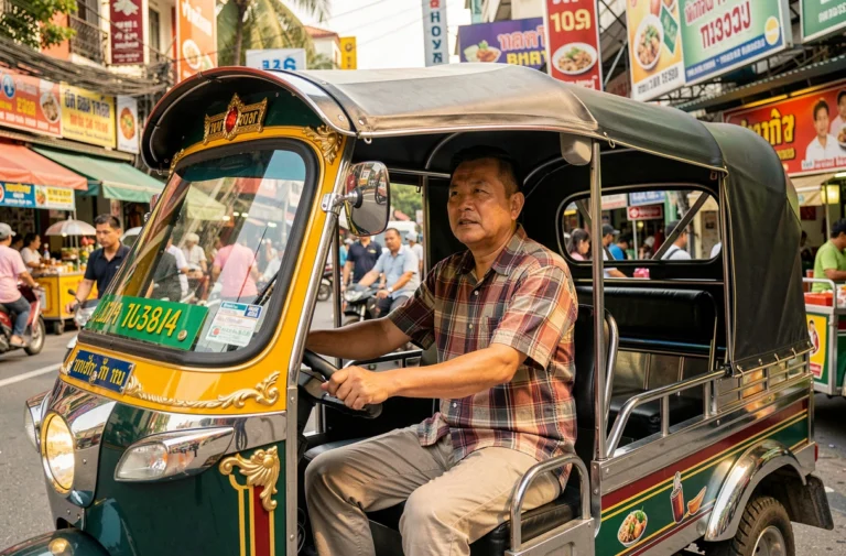 Chauffeur de tuk tuk thaïlandais assis dans son véhicule décoré dans une rue animée de Bangkok