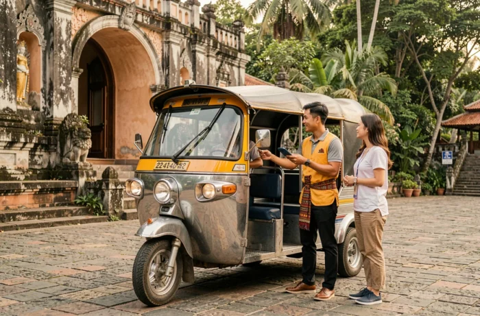 Chauffeur de tuk tuk négociant une course avec des touristes devant un temple de Chiang Mai