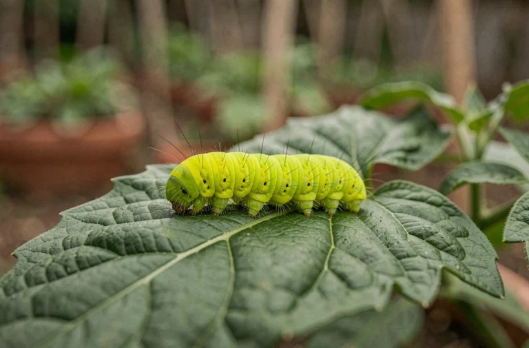Chenille verte fluo sur une feuille de tomate dans un potager, vue macro détaillée des segments et des poils de l'insecte