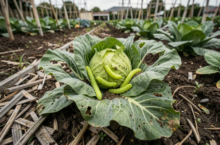 Groupe de chenilles vertes fluo dévorant une feuille de chou abîmée dans un potager, dégâts visibles sur la végétation