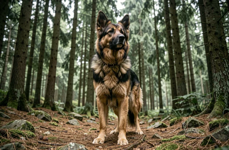 Chien Timber Shepherd adulte debout dans une forêt de conifères, illustrant ses origines sauvages et son caractère majestueux