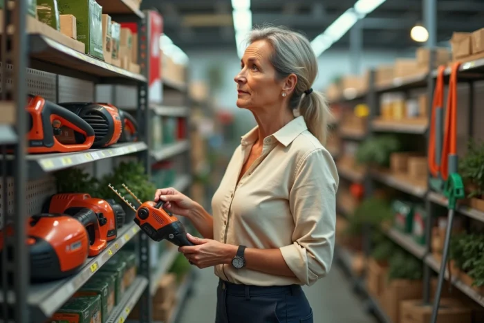 Femme comparant deux modèles de taille-haies dans un rayon de jardinerie pour entretenir ses thuyas