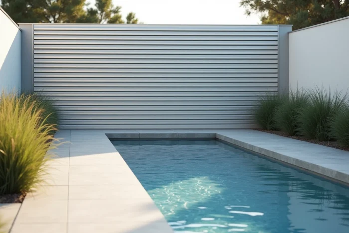 Claustra à lames orientables installé en pourtour d'une piscine hors sol dans un jardin contemporain épuré