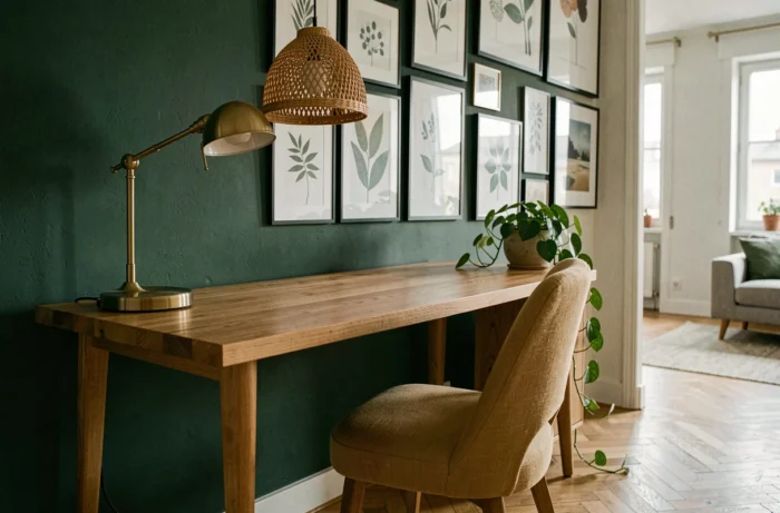 Coin bureau design à domicile avec mur vert forêt, bureau en chêne, chaise lin sable et parquet en chevron dans un intérieur moderne chaleureux