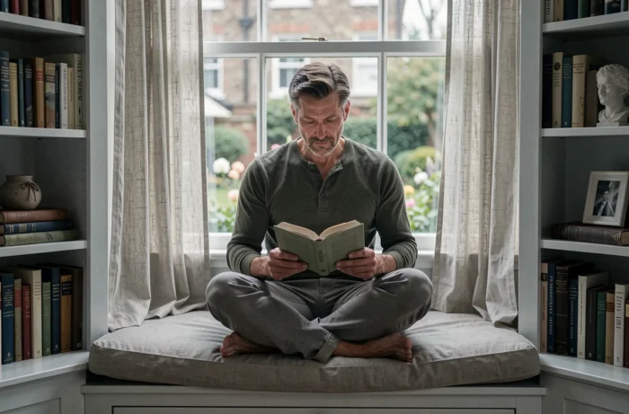 Homme lisant dans un coin lecture aménagé en alcôve avec bibliothèque intégrée et vue sur le jardin