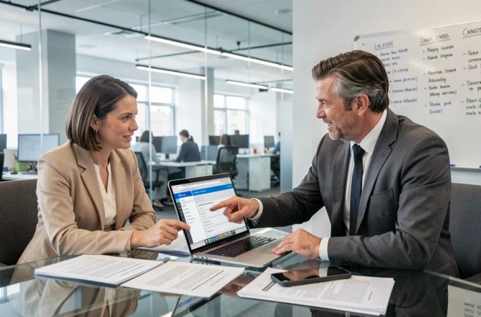 Deux professionnels analysant ensemble les outils de gestion financière d'une banque en ligne en salle de réunion