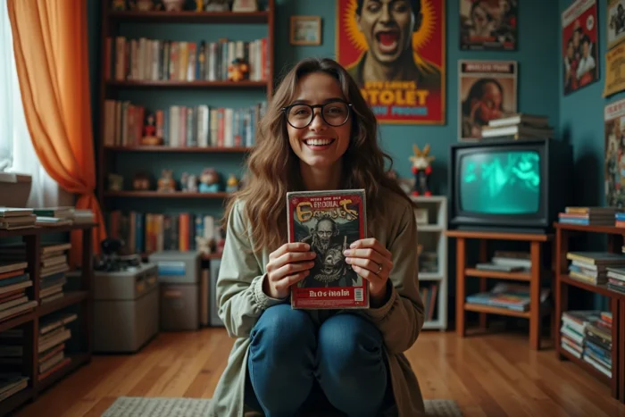 Collectionneuse de cassettes VHS de films de série Z dans une salle de cinéma maison rétro avec affiches cultes