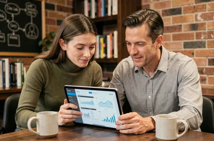 Deux collègues analysant des prototypes d'applications et des tendances web sur une tablette dans un espace de coworking