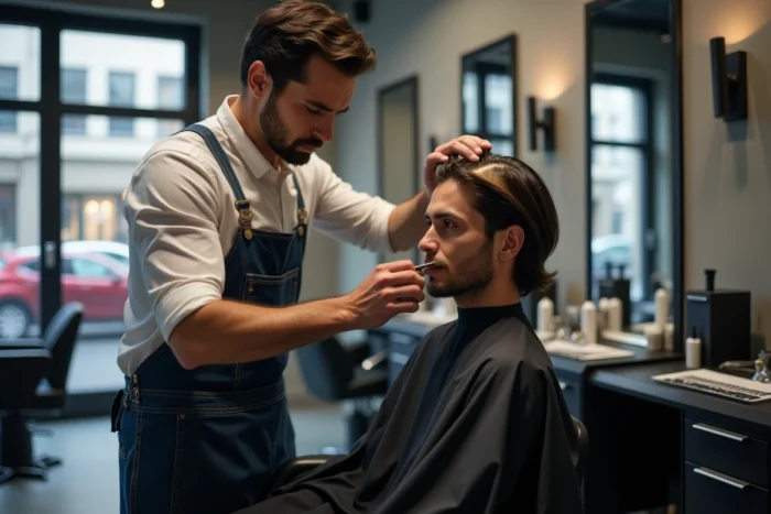 Coloriste professionnel appliquant un produit neutralisant sur une mèche blonde ratée d'un client masculin dans un salon haut de gamme