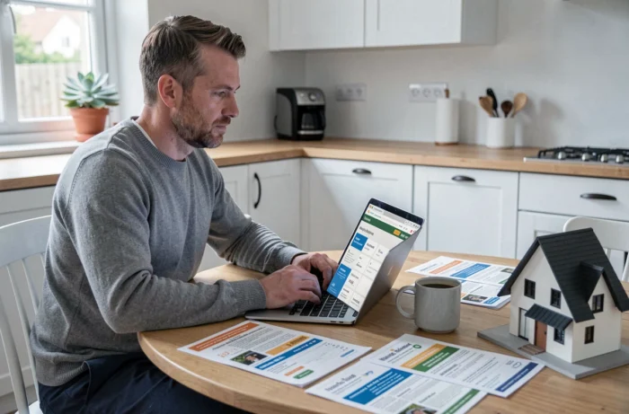 Homme comparant des offres de prêt immobilier sur ordinateur portable à son domicile avec des documents financiers sur la table