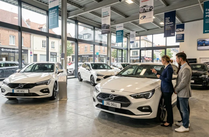 Salle d'exposition d'un concessionnaire automobile français avec les modèles les plus vendus en 2024