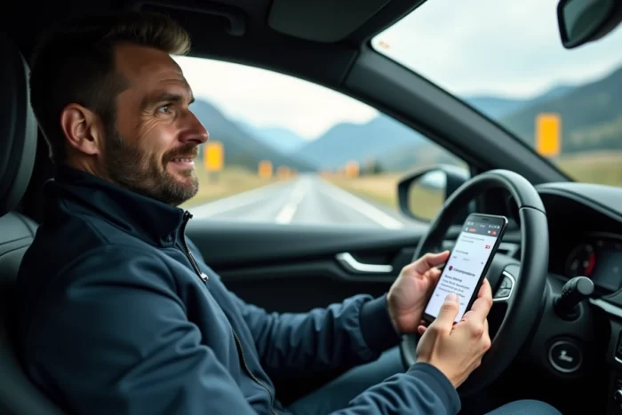 Conducteur consultant la confirmation d'achat de la vignette suisse sur smartphone dans sa voiture près de la frontière française