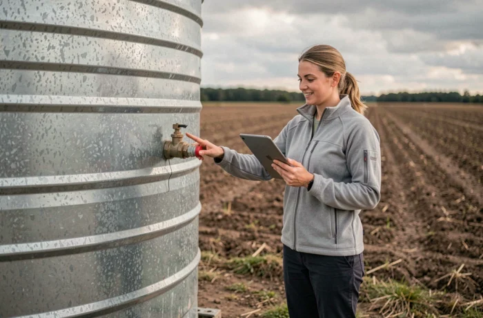 Conseillère agricole évaluant le coût d'une cuve de stockage d'eau de pluie en acier galvanisé dans un champ cultivé