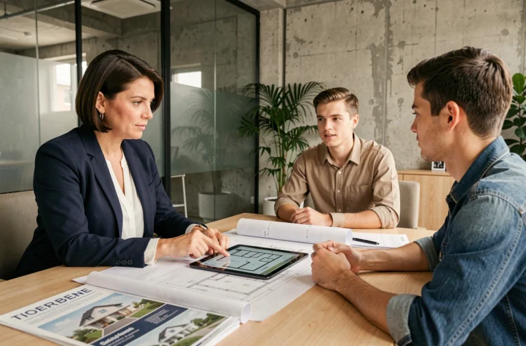 Conseillère immobilière présentant des plans de projet à un couple dans une agence moderne