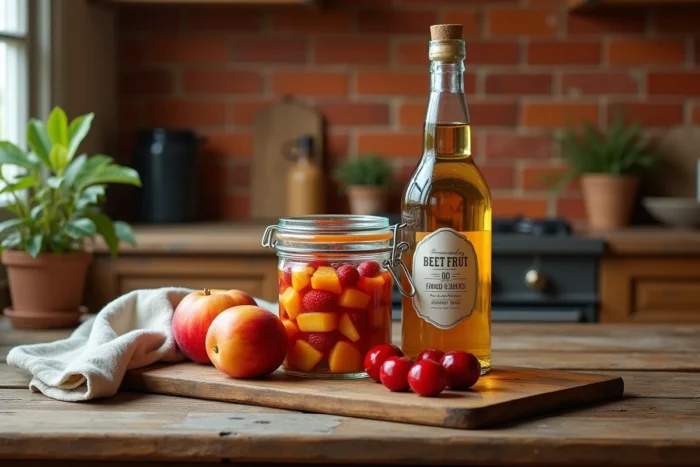 Bocal de fruits conservés à l'alcool 90 alimentaire sur un plan de travail en bois dans une cuisine rustique française