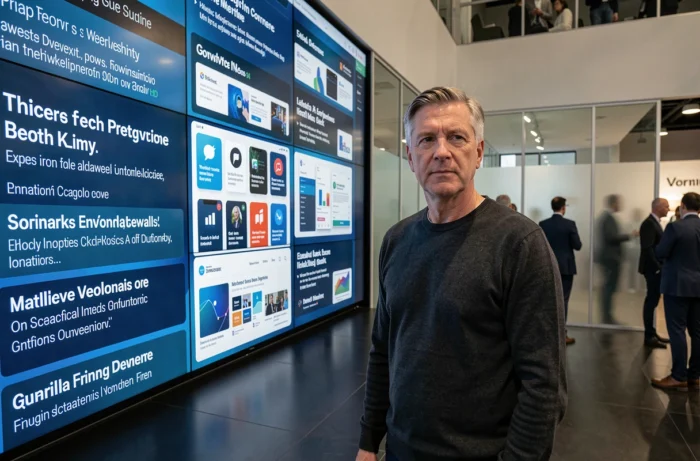Professionnel tech consultant devant un mur d'écrans interactifs lors d'un salon d'innovations numériques